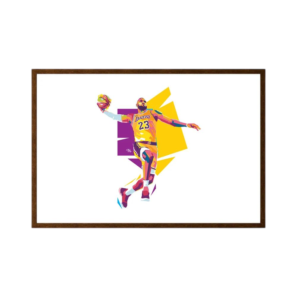 Stylised LeBron James in yellow and purple rises with a basketball against angular colour blocks on white.