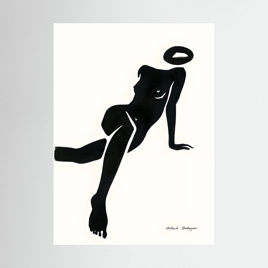 Black minimalist silhouette of a seated woman with a floating halo on a cream background, shown in product view 4.