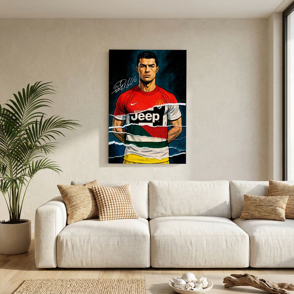 Alternative size view of red football portrait with club and national colour layers, shown unframed.