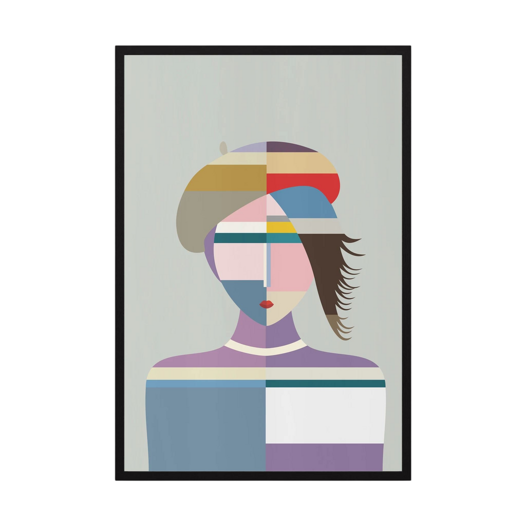 Faceted portrait of a woman in a red cap rendered in blue, lavender, grey and cream, shown in product view 3.