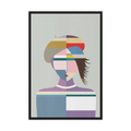 Faceted portrait of a woman in a red cap rendered in blue, lavender, grey and cream, shown in product view 3.
