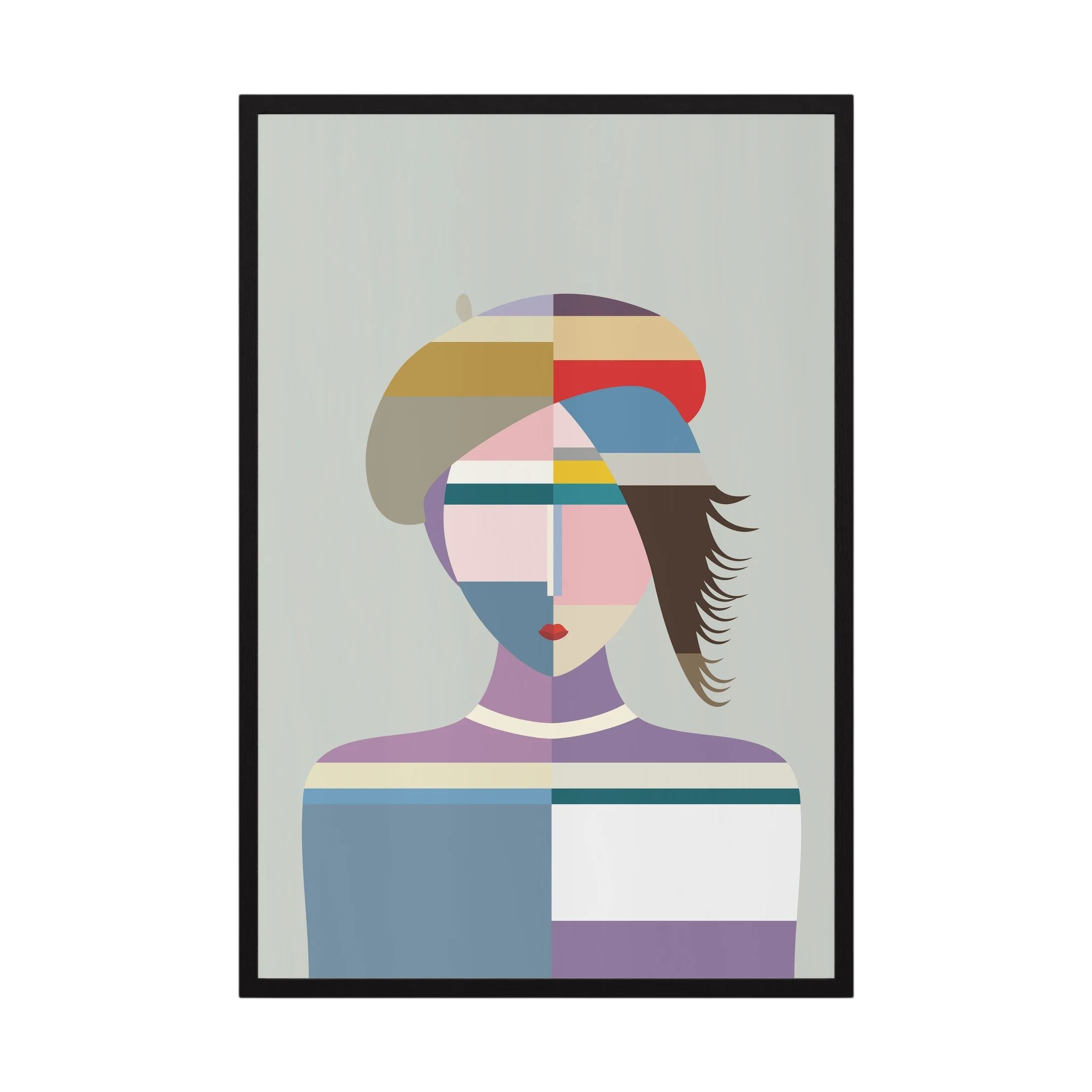 Faceted portrait of a woman in a red cap rendered in blue, lavender, grey and cream, shown in product view 3.