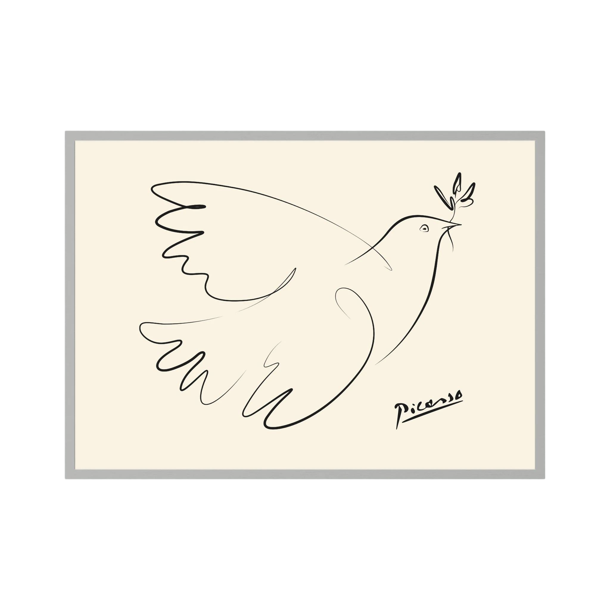Minimal black line drawing of a flying dove carrying an olive branch on a warm cream background.