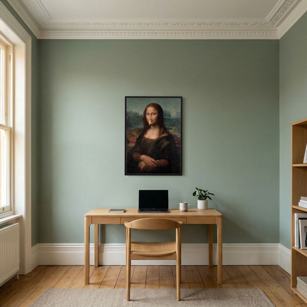 Mona's Secret funny Mona Lisa parody wall print, product view 7.
