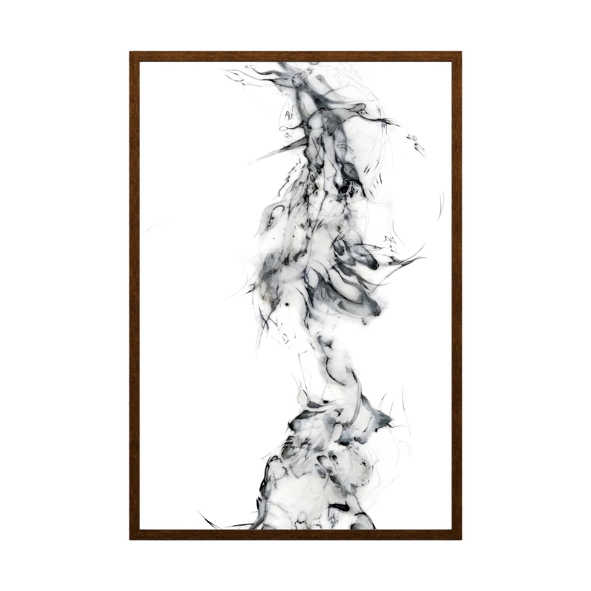 Delicate black and grey ink forms rising through white negative space like drifting smoke.