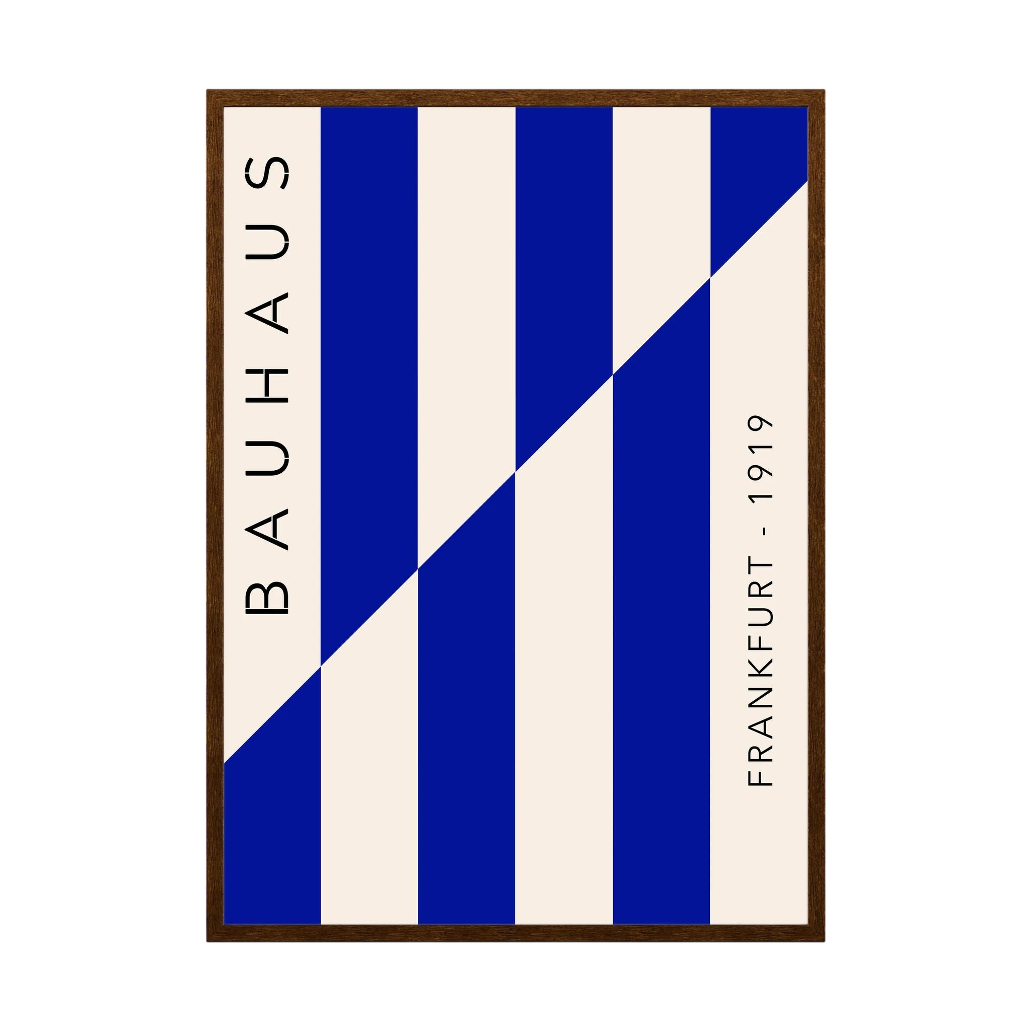Blue and cream Bauhaus poster with diagonal striped geometric design.