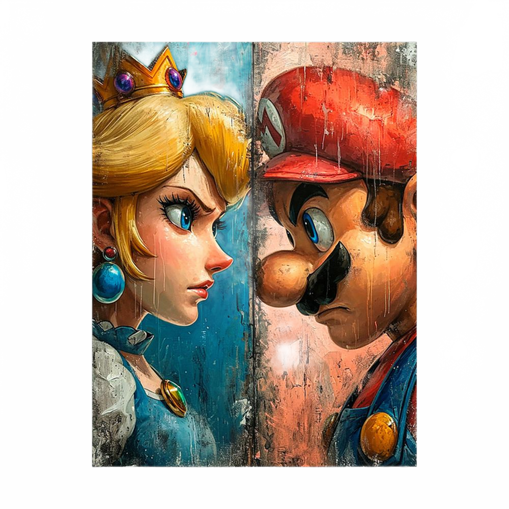 Colourful gaming character face-off artwork, shown unframed.