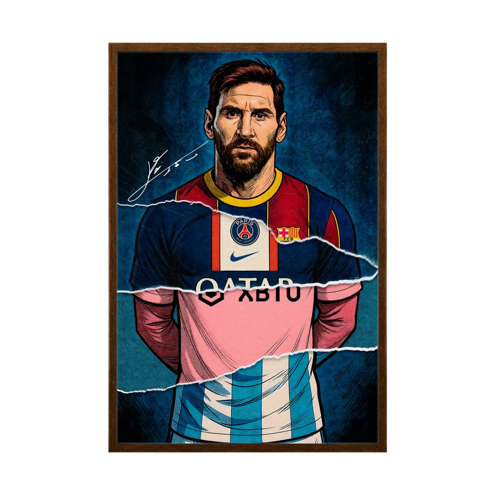 Football portrait with navy, red, pink and sky-blue torn-paper layers, shown in a black wooden frame.