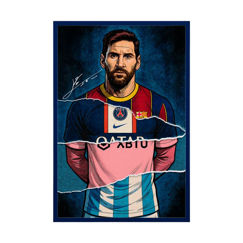 Football portrait with navy, red, pink and sky-blue torn-paper layers, shown in a dark oak wooden frame.