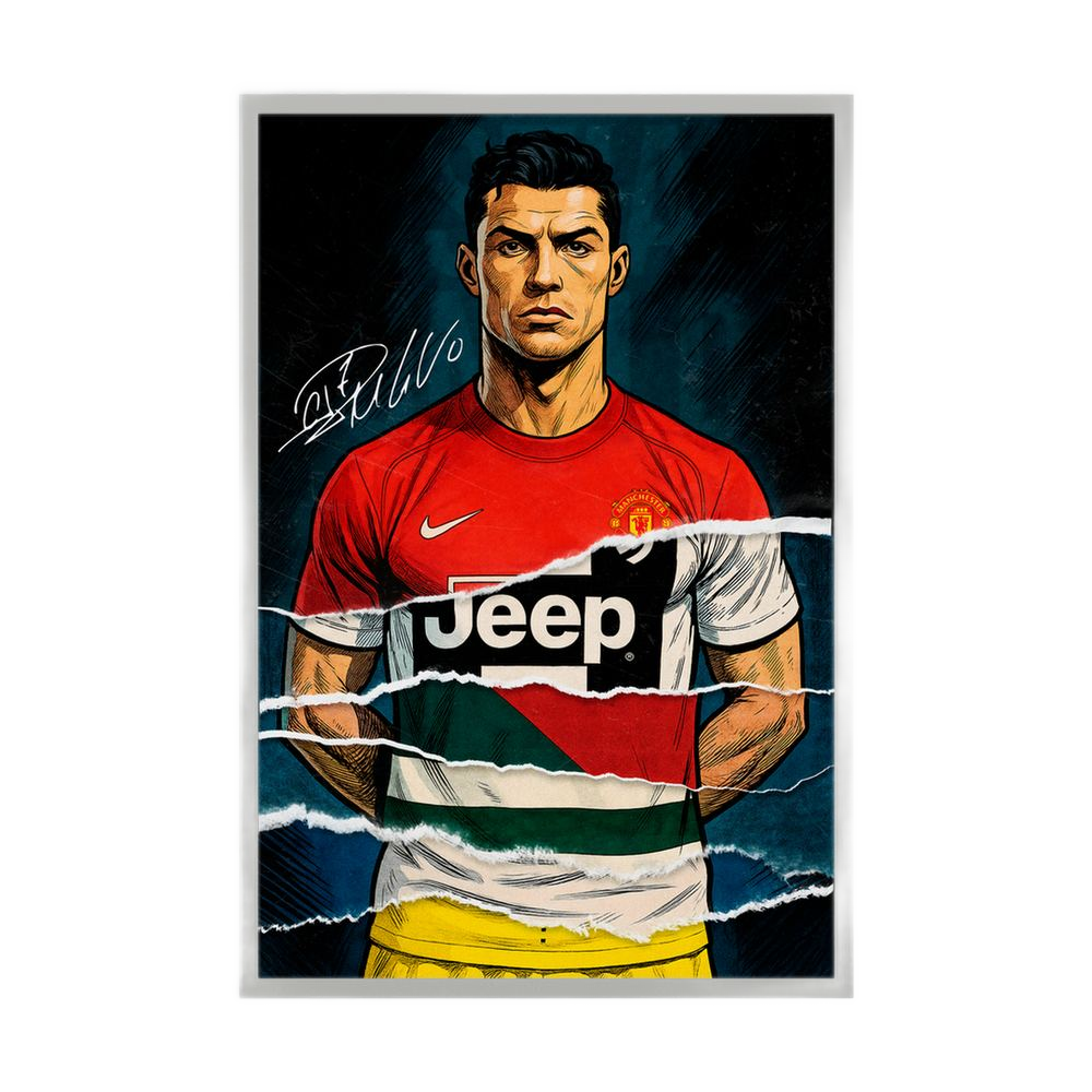 Red football portrait with club and national colour layers, shown in a white wooden frame.