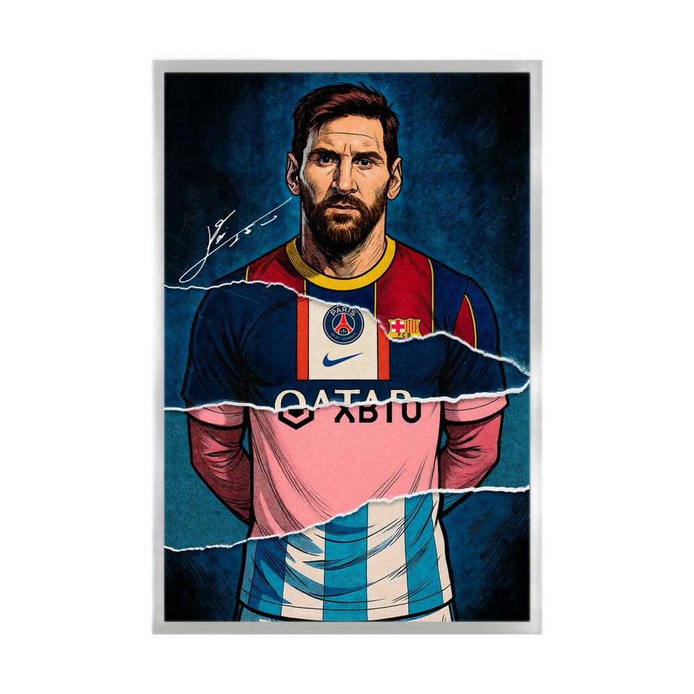 Football portrait with navy, red, pink and sky-blue torn-paper layers, shown in a white wooden frame.