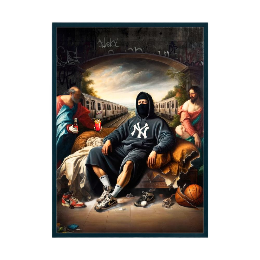 Renaissance-inspired street art group portrait, shown in a white wooden frame.