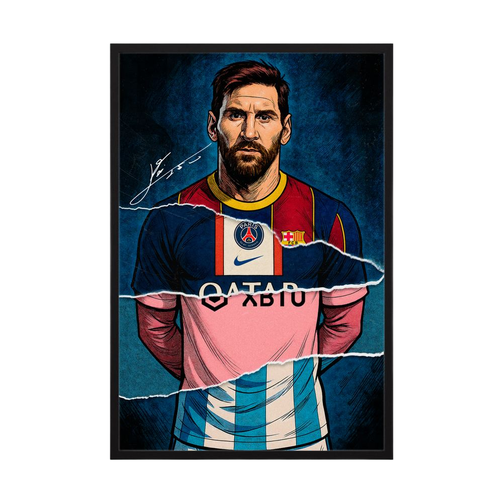 Football portrait with navy, red, pink and sky-blue torn-paper layers, shown in a blue wooden frame.