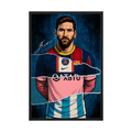 Football portrait with navy, red, pink and sky-blue torn-paper layers, shown in a blue wooden frame.