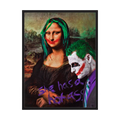 Classical pop art portrait with green hair and painted red smiles, shown in a mint wooden frame.