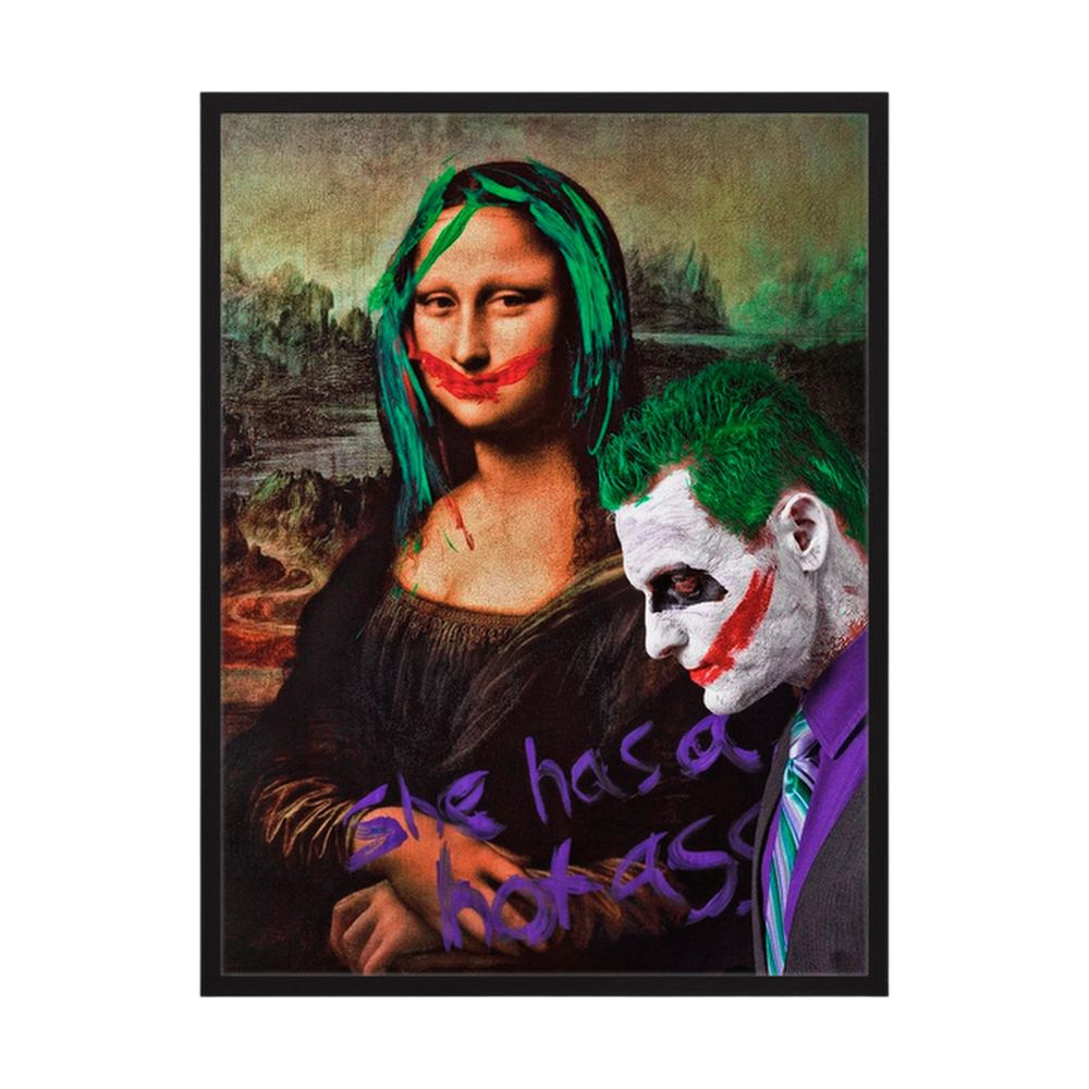 Classical pop art portrait with green hair and painted red smiles, shown in a mint wooden frame.