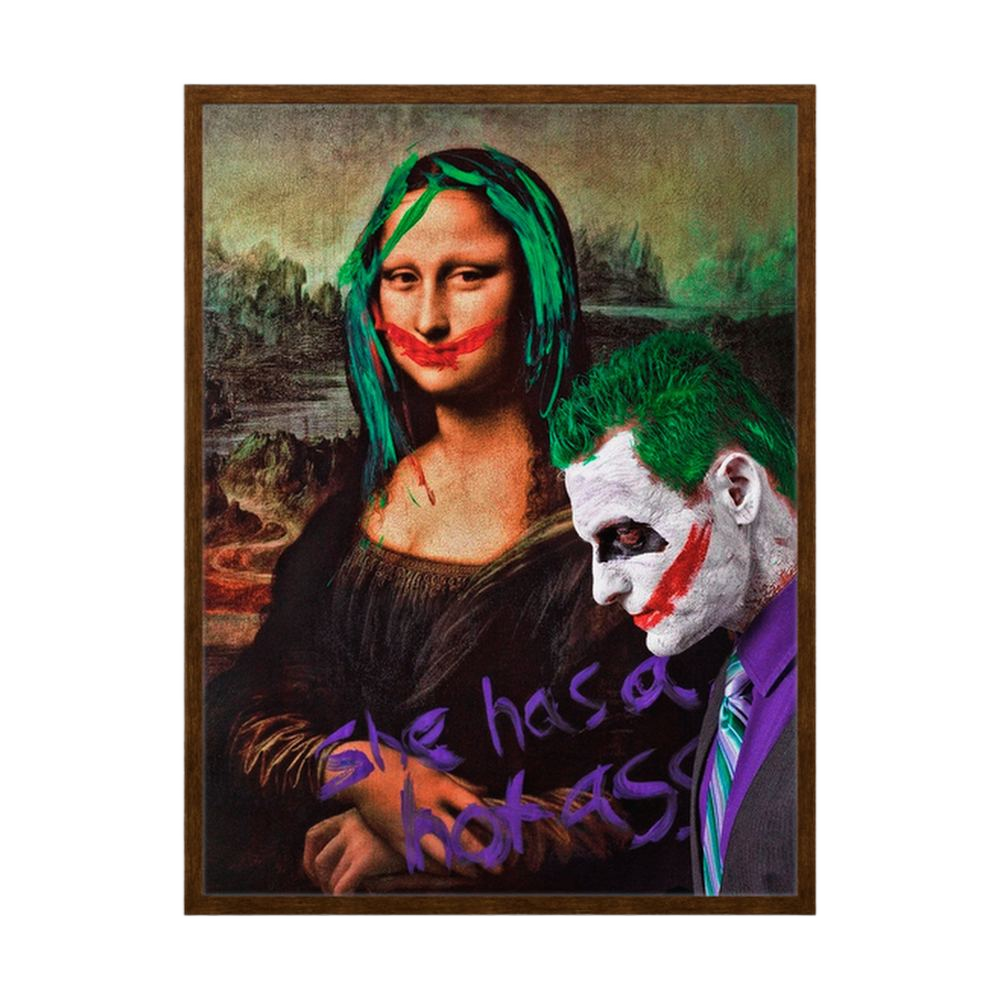 Classical pop art portrait with green hair and painted red smiles, shown in a black wooden frame.
