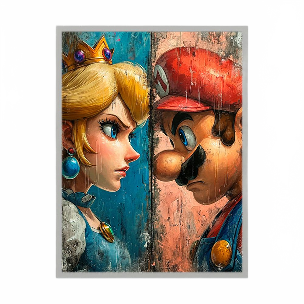 Colourful gaming character face-off artwork, shown in a white wooden frame.