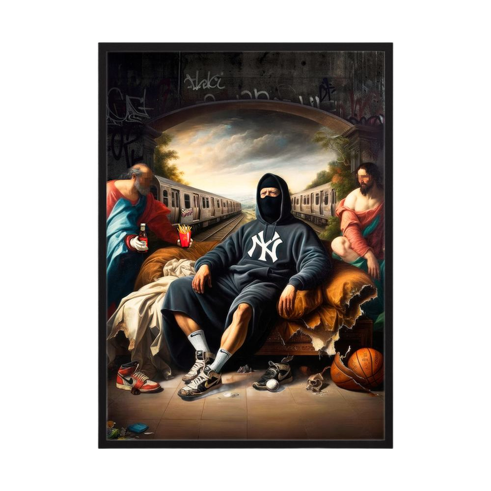 Renaissance-inspired street art group portrait, shown in a teal wooden frame.