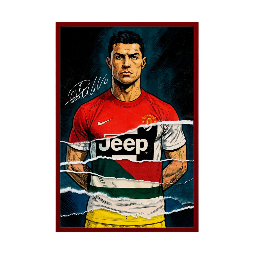 Red football portrait with club and national colour layers, shown in a red wooden frame.