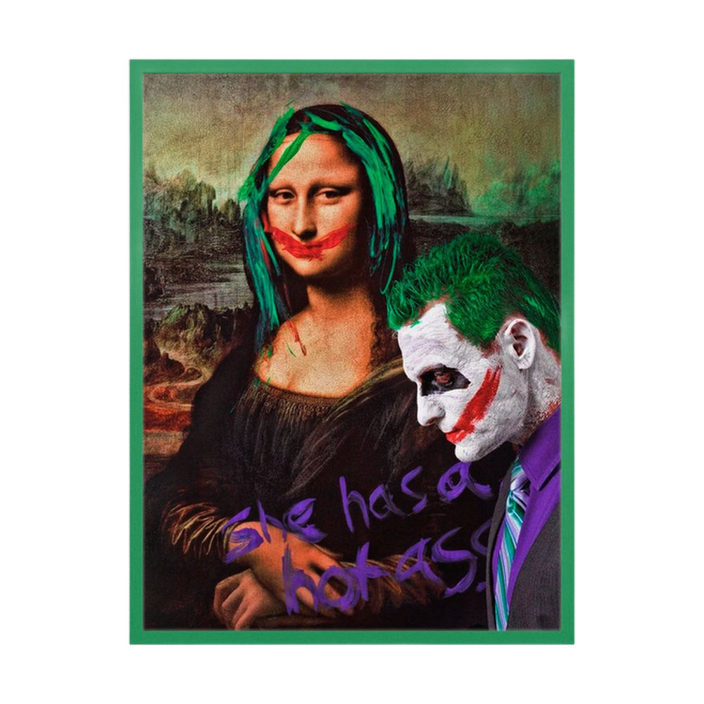 Classical pop art portrait with green hair and painted red smiles, shown in a white wooden frame.