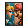 Colourful gaming character face-off artwork, shown in a dark oak wooden frame.