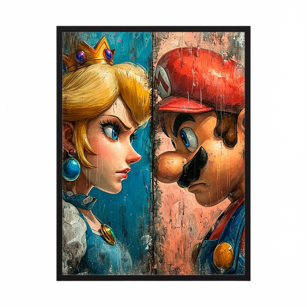 Colourful gaming character face-off artwork, shown in a dark oak wooden frame.