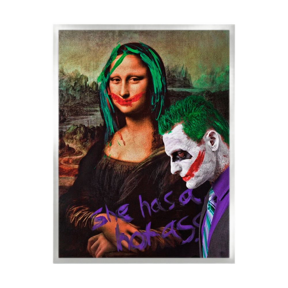 Classical pop art portrait with green hair and painted red smiles, shown in a dark oak wooden frame.