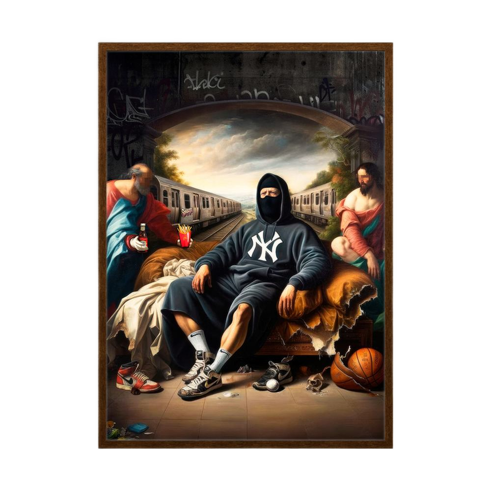 Renaissance-inspired street art group portrait, shown in a black wooden frame.