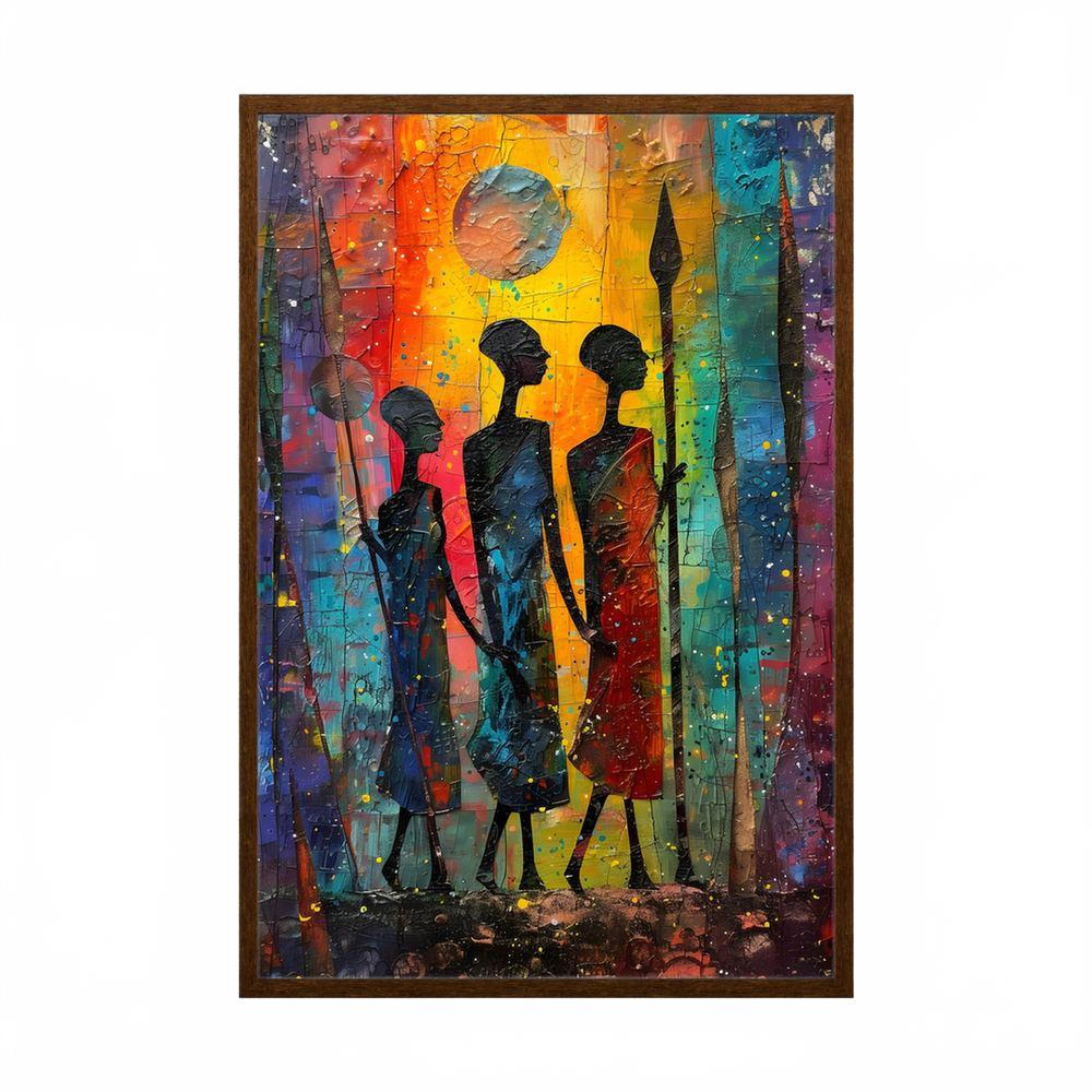 Sunlit Guardians colourful African figurative art print, product view 2.