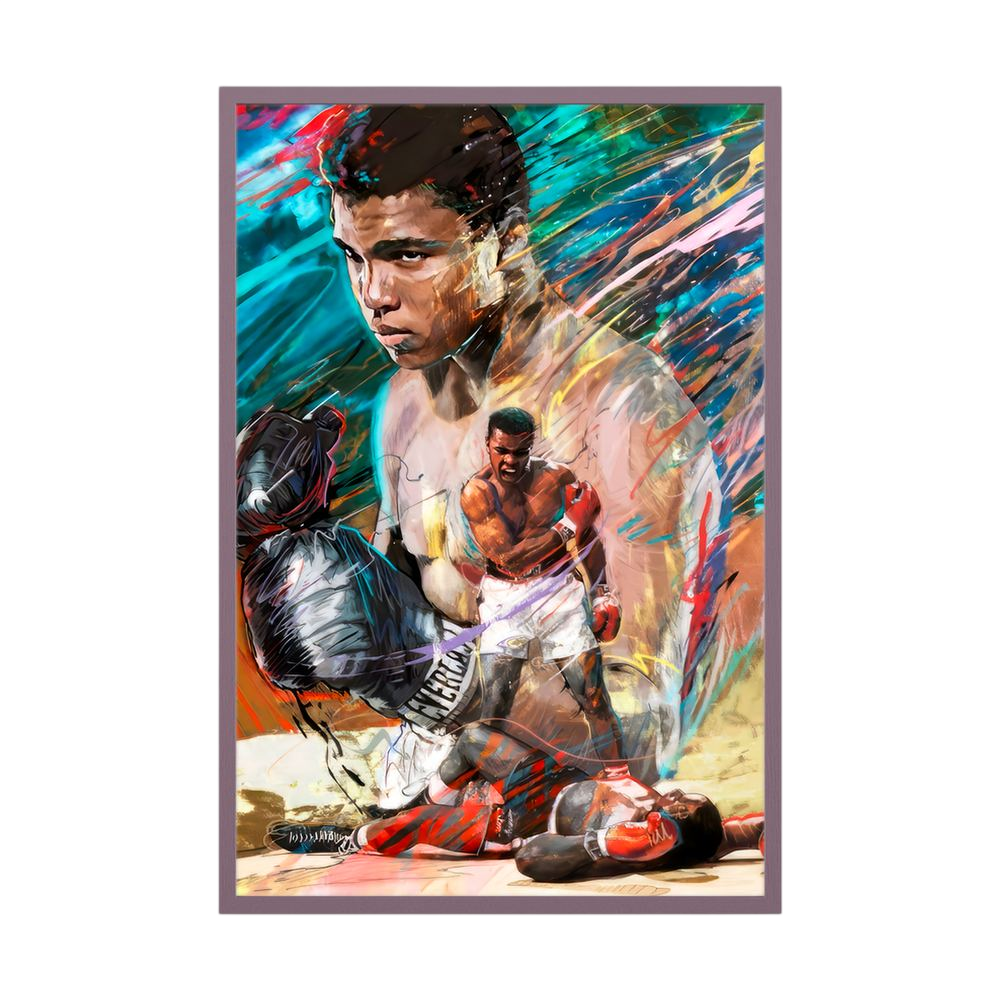 Colourful boxing portrait with layered ringside action, shown in a dark oak wooden frame.