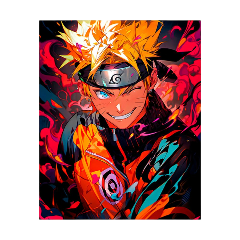 Bright orange, red and black anime ninja portrait.