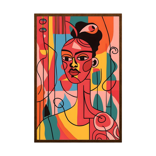 Coral Geometry colourful cubist woman portrait print, product view 2.