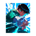 Green-clad anime martial artist punching through blue energy.