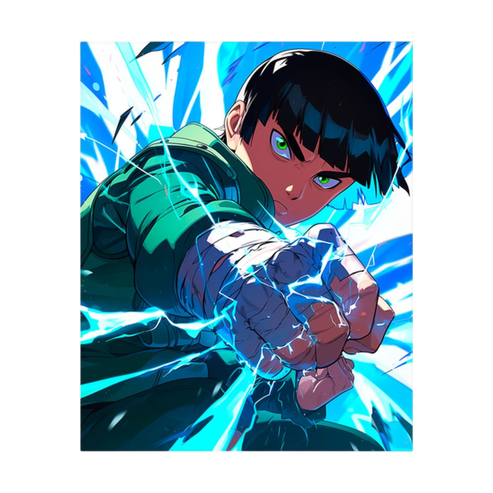 Green-clad anime martial artist punching through blue energy.