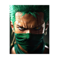 Close-up green-haired masked swordsman portrait.