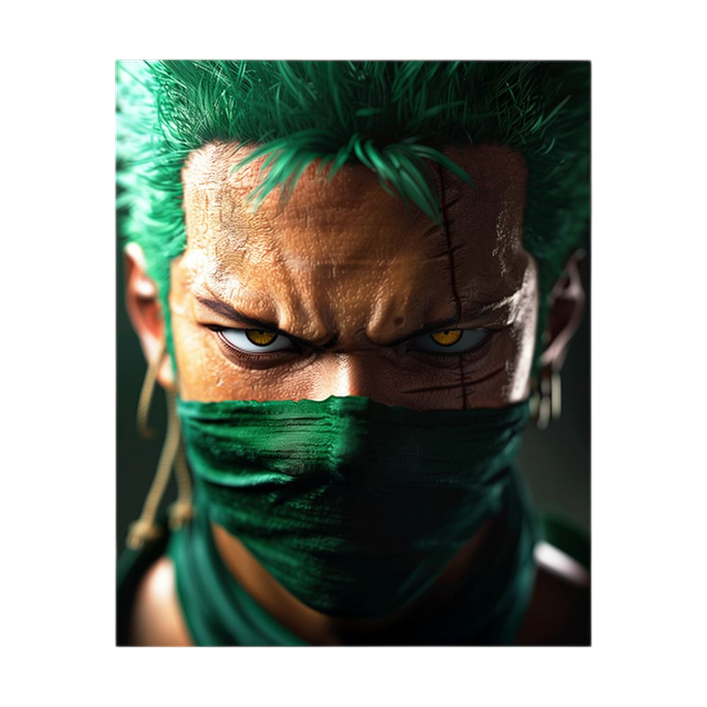Close-up green-haired masked swordsman portrait.