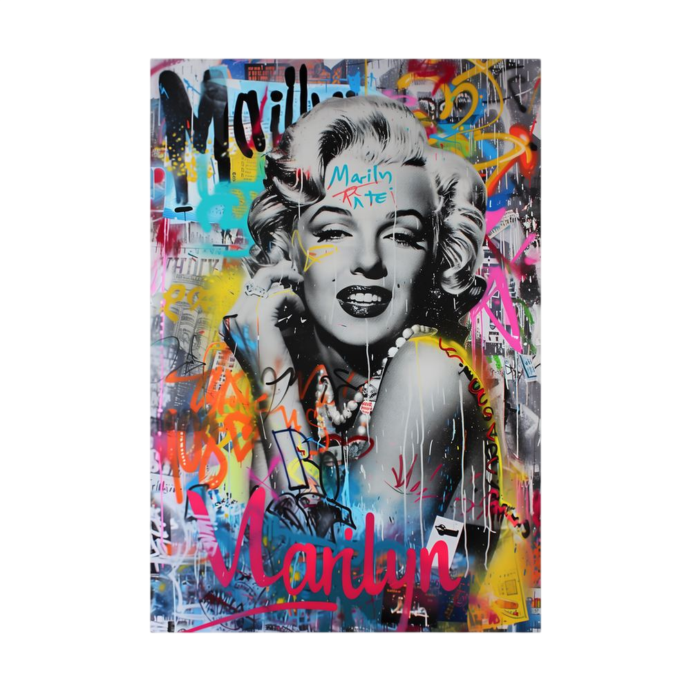 Colourful pop art female portrait with urban-style layers, shown unframed.