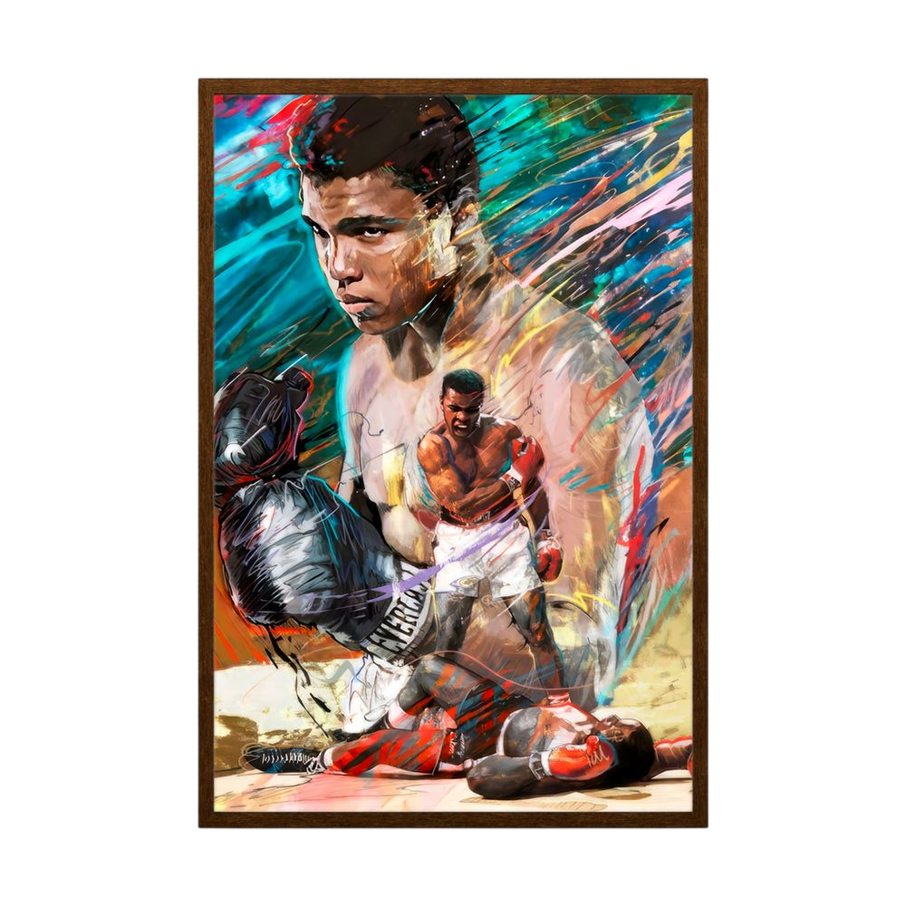 Colourful boxing portrait with layered ringside action, shown in a black wooden frame.