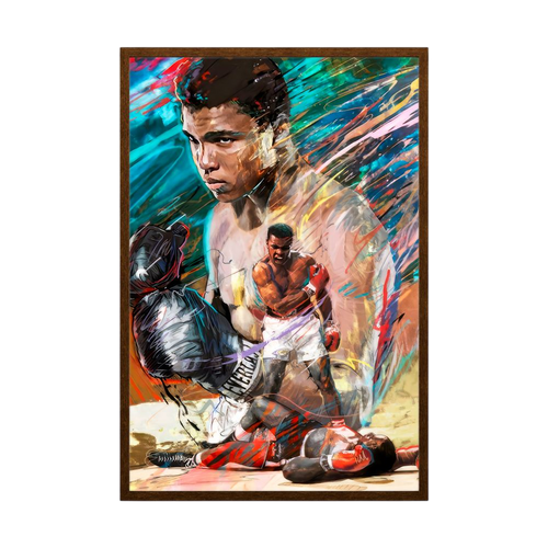 Colourful boxing portrait with layered ringside action, shown in a black wooden frame.