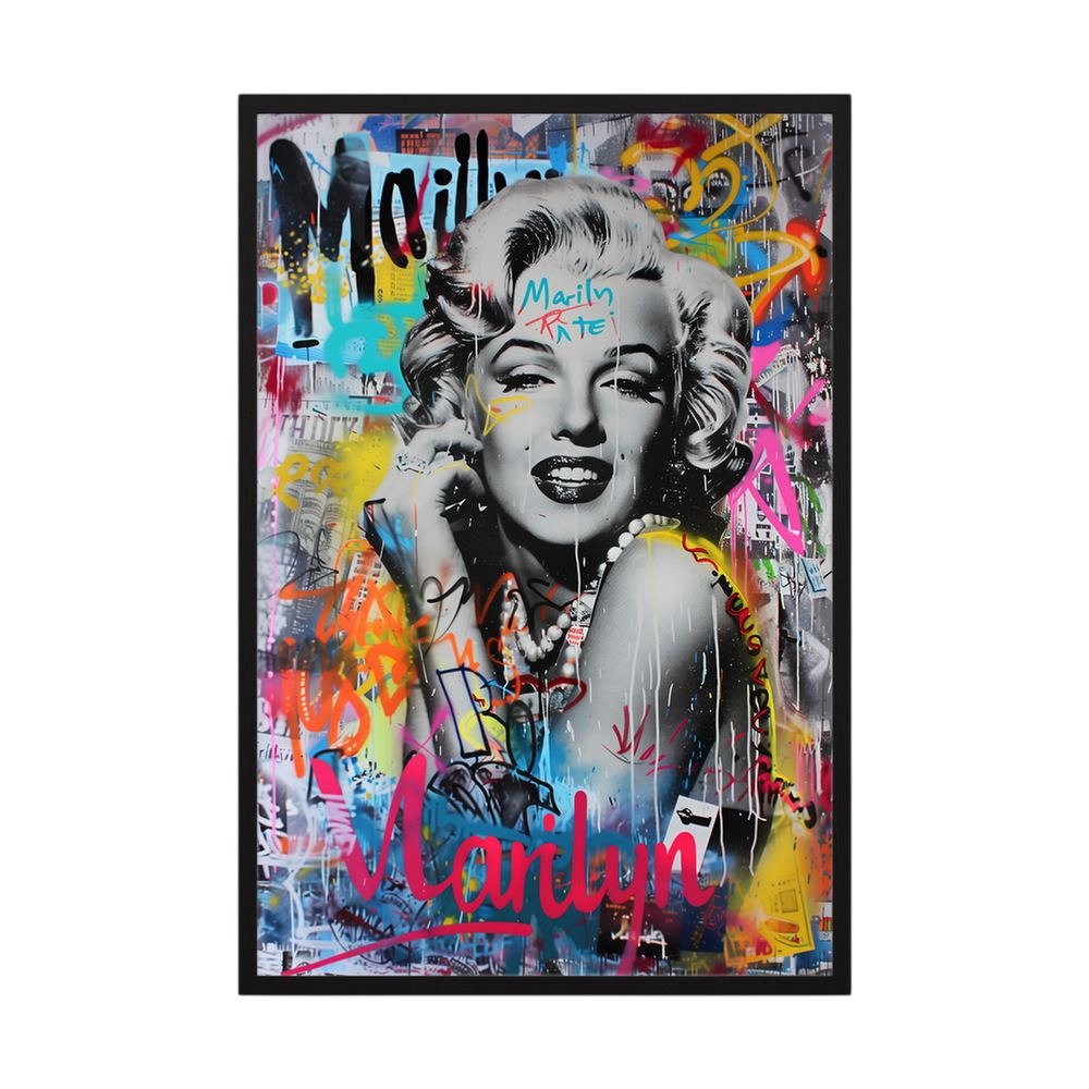 Colourful pop art female portrait with urban-style layers, shown in a dark oak wooden frame.