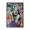 Colourful pop art female portrait with urban-style layers, shown in a dark oak wooden frame.