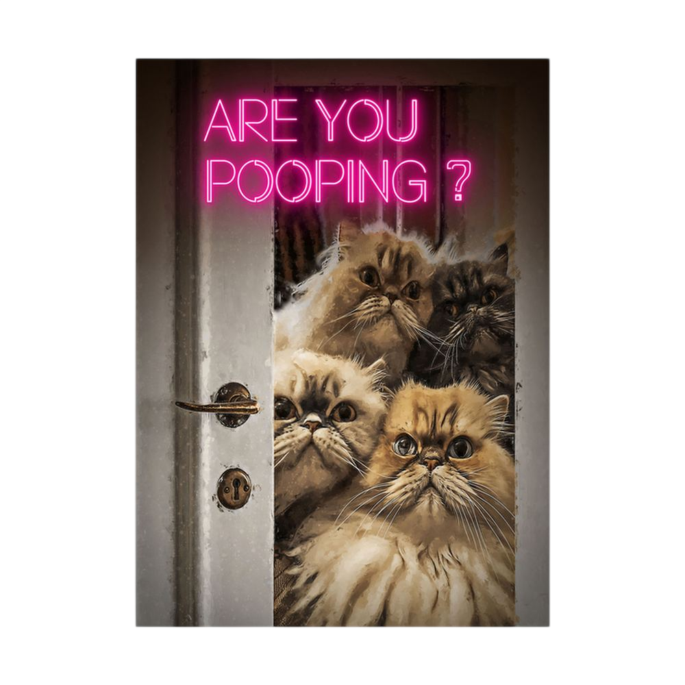 Four fluffy cats peering through a door under pink neon text.