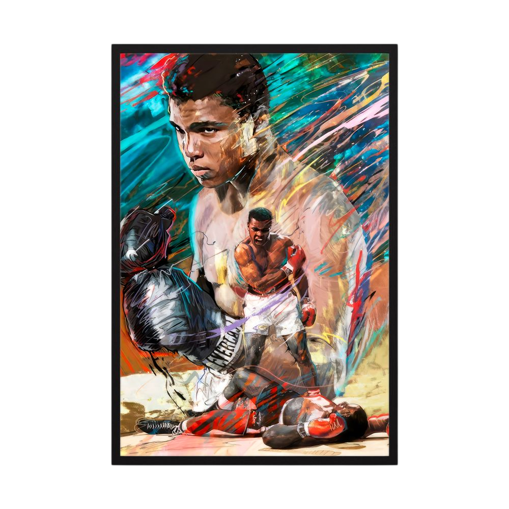 Colourful boxing portrait with layered ringside action, shown in a lilac wooden frame.