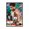 Colourful boxing portrait with layered ringside action, shown in a lilac wooden frame.