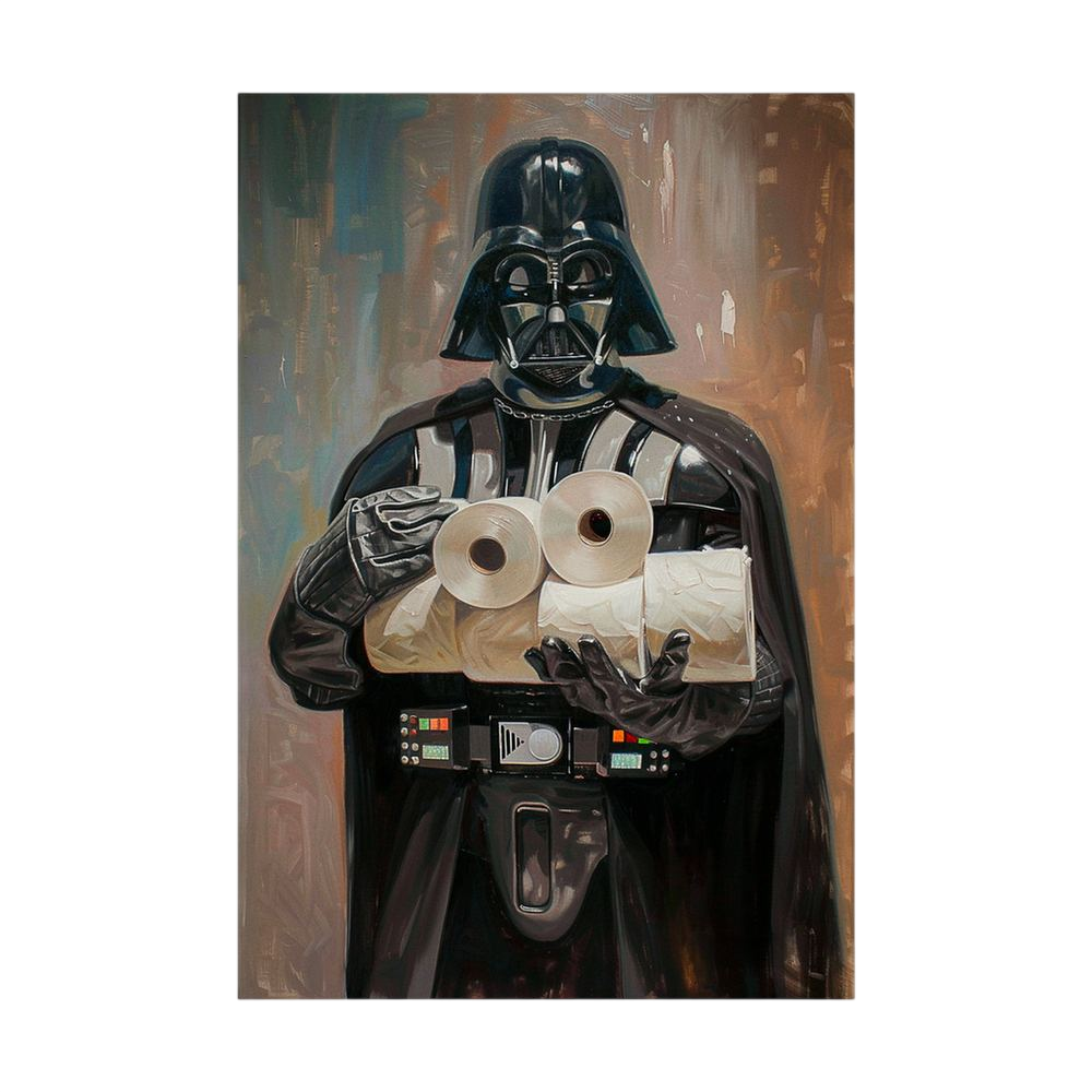 Black-armoured science-fiction villain holding toilet rolls.