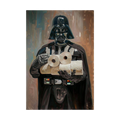 Black-armoured science-fiction villain holding toilet rolls.