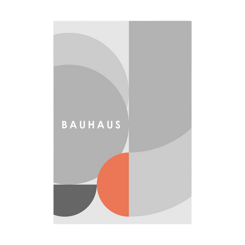 Grey abstract Bauhaus arches with a coral circle.