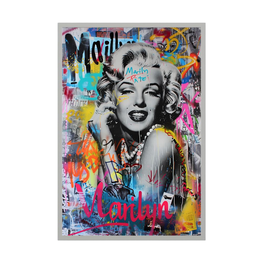 Colourful pop art female portrait with urban-style layers, shown in a white wooden frame.