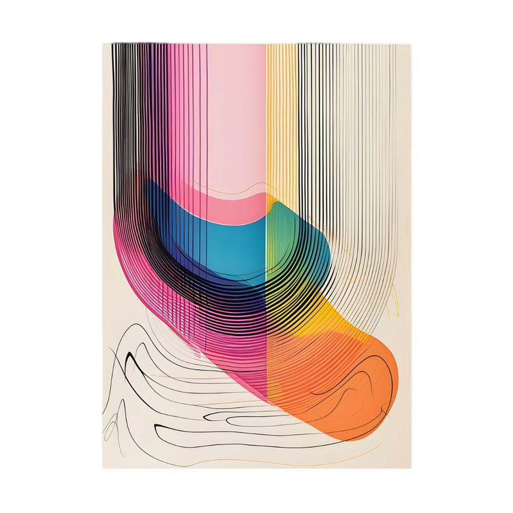 Flowing multicolour abstract ribbons with fine black contour lines.